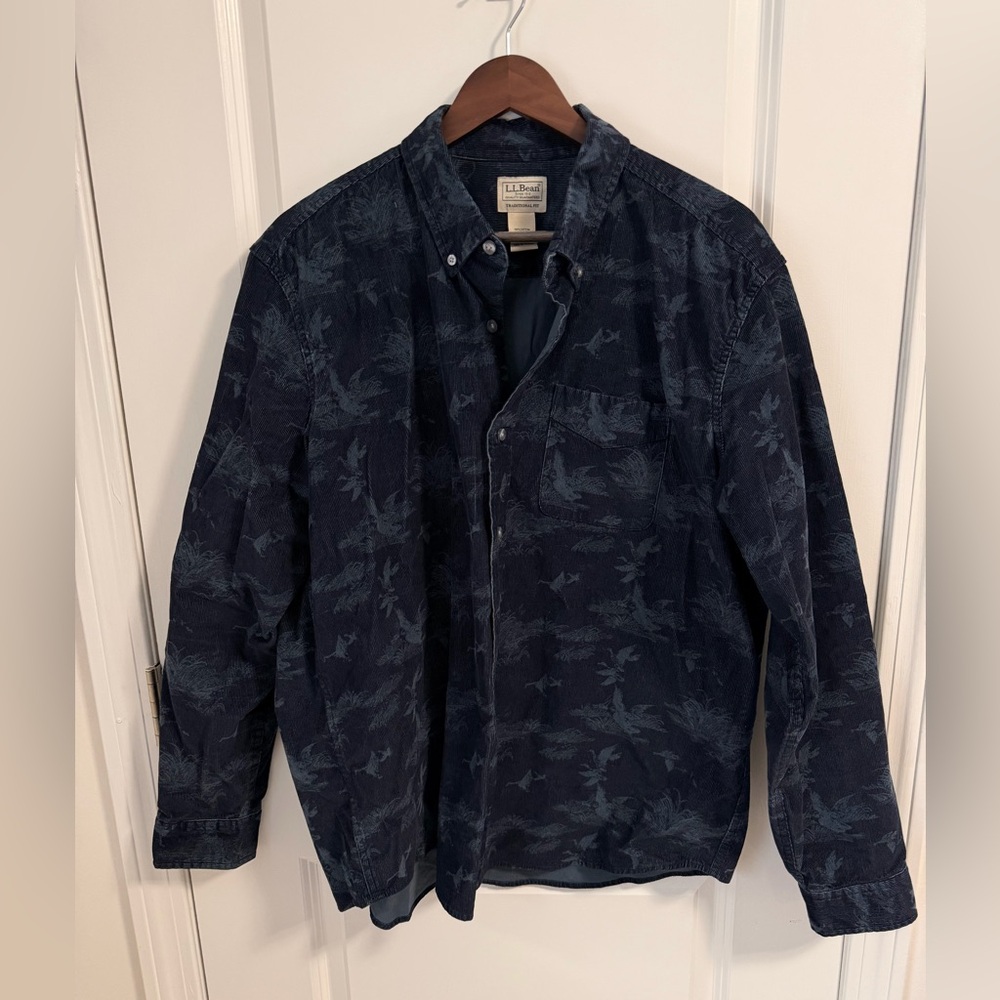 L.L. Bean Men's Dark Navy Corduroy Printed Button-Down Shirt
